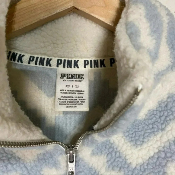 PINK VS XS‎ 1/4 zip blue + cream boyfriend geometric Sherpa fleece pullover - Picture 4 of 6
